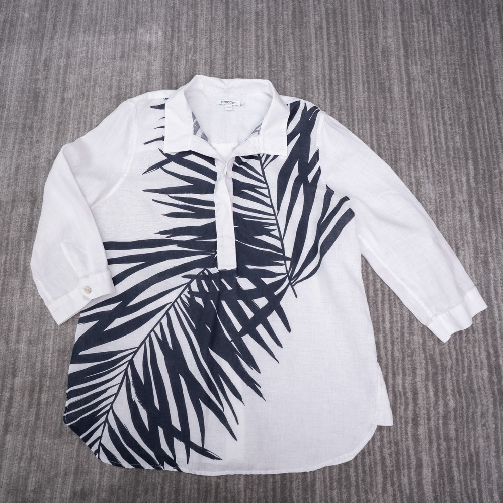 Chico's Tunic Top Women 0 US 4 White Navy Blue Excellent Linen Palm Leaf Print